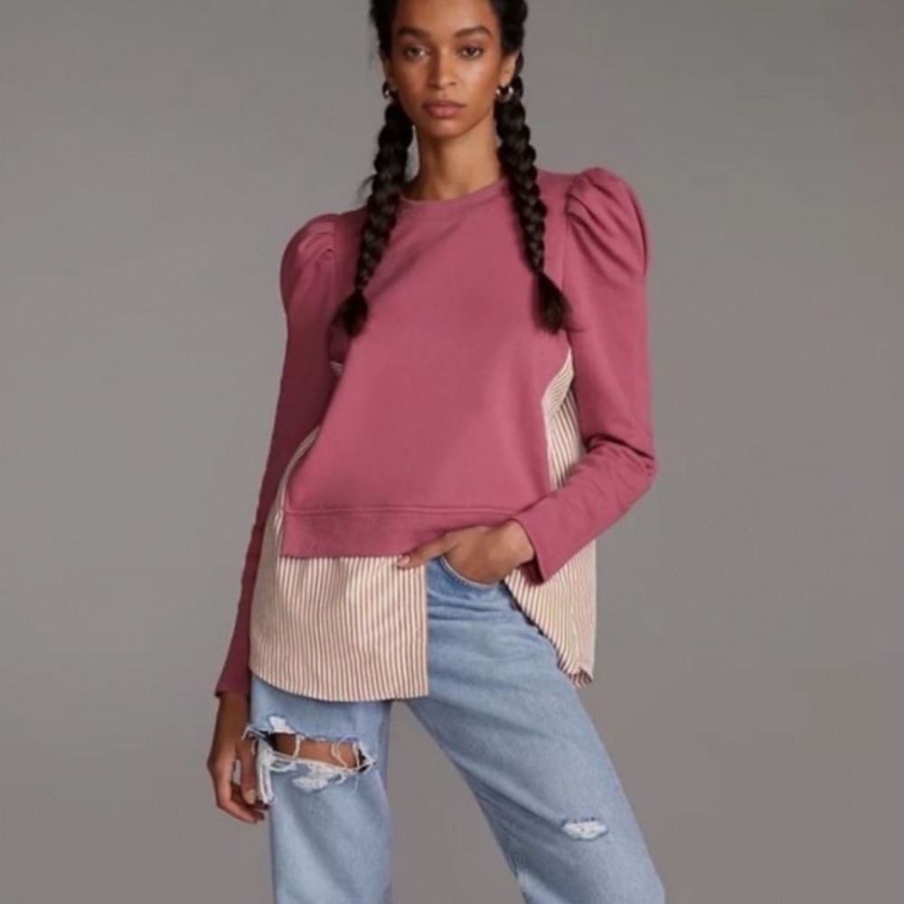 Maeve Anthropologie Layered Tunic Sweatshirt Puff Sleeve Pink Striped Preppy L